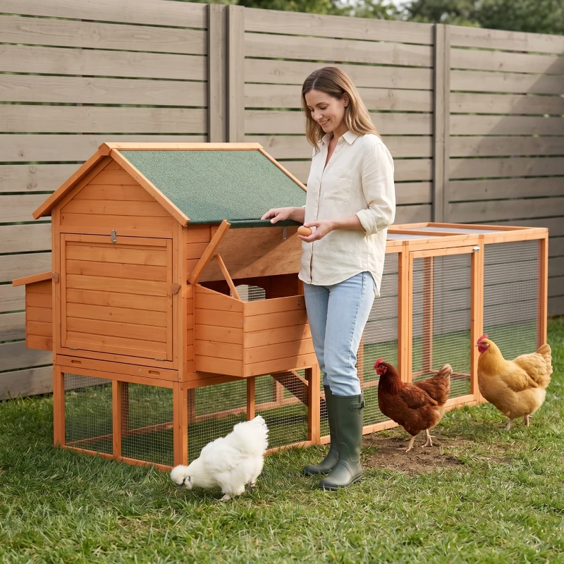 PawHut 136.5" Chicken Coop Wooden Large Chicken House Deluxe Rabbit Hutch Lockable Poultry Hen Cage Backyard with Nesting Box and Run