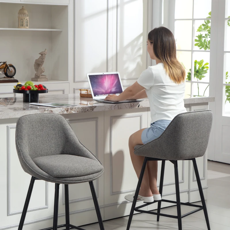 HOMCOM 26" Counter Height Barstools Set of 2, Upholstered Swivel Bar Stools with Backrests and Armrests, Dark Grey