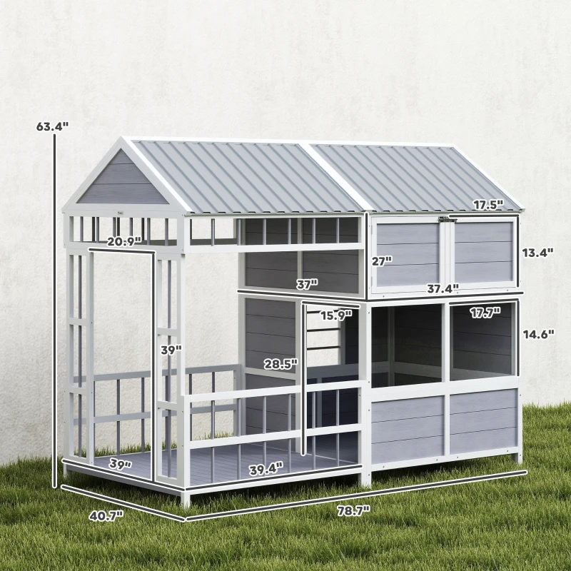 PawHut 79"L Large Dog House Outdoor, Wooden Dog Kennel with Porch, Storage Cabinet,Weatherproof Roof, Windows