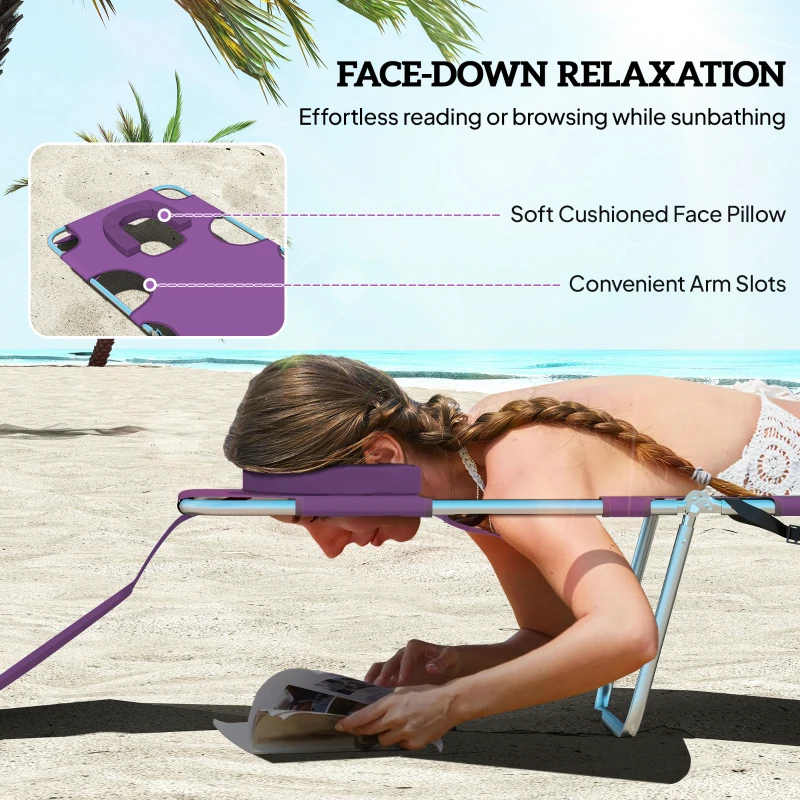 Outsunny Tanning Chair with Face Hole, 5-Level Adjustable Outdoor Chaise Lounge Chair with Pillow for Beach, Pool, Purple