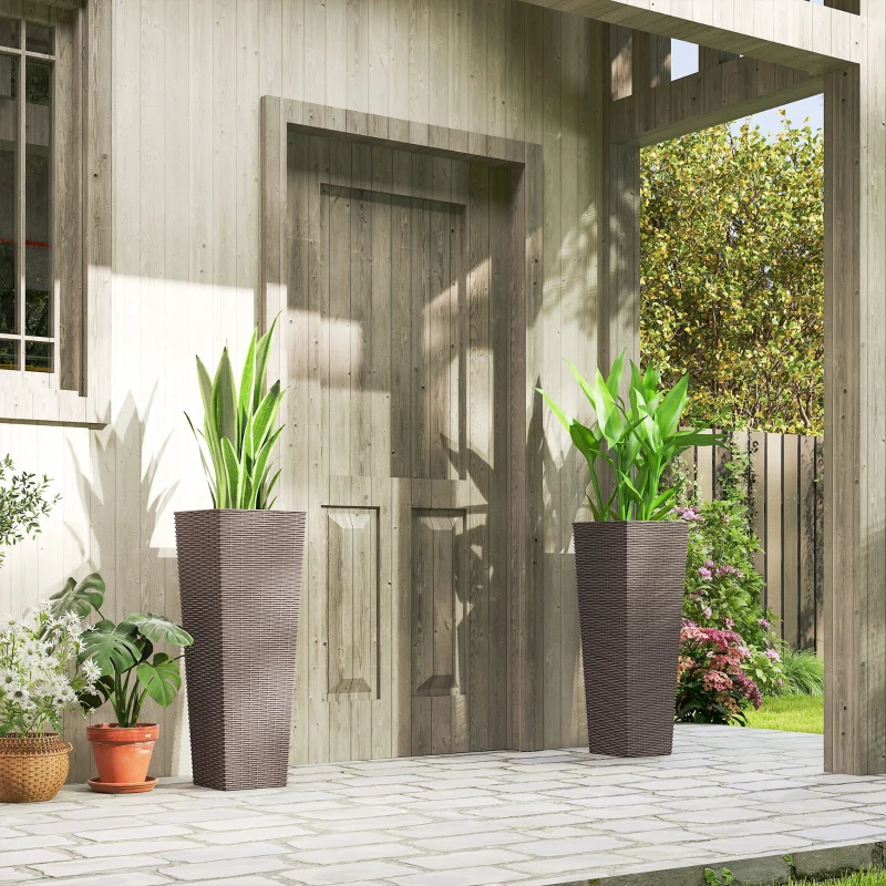 Outsunny 32 Inch Tall Planters for Outdoor Plants, Set of 2 Plastic Flower Pots with Drainage Holes, Brown