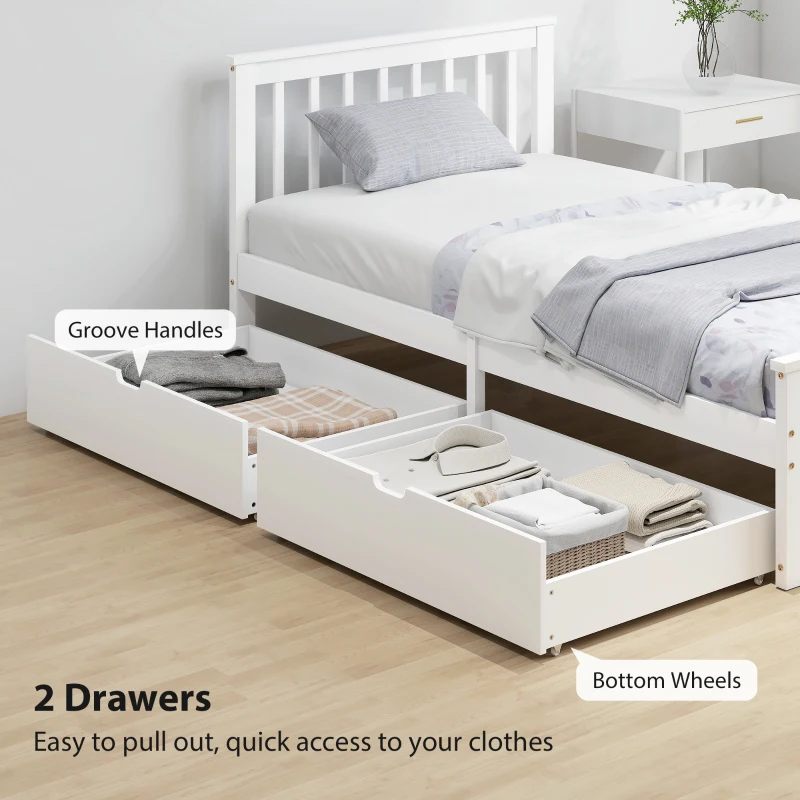 HOMCOM Pine Twin Bed Frame, Wood Storage Bed Frame with Drawers, Wood Slat Support, No Box Spring Needed, Easy Assembly, White