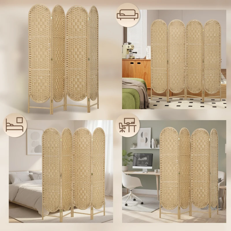 HOMCOM Bohemian Privacy Screen, Folding Room Divider with 4 Panels and Arched Top for Bedroom Living Room Office, Natural Wood