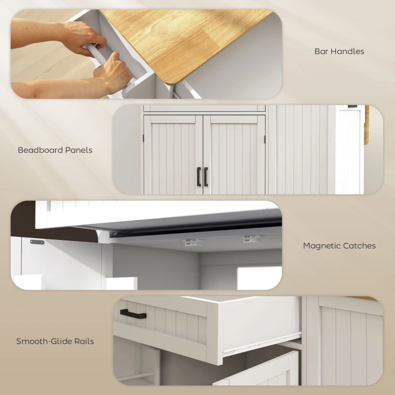HOMCOM Kitchen Island Cart, Portable Kitchen Island Table with Charging Station, Rubber Wood Drop Leaf, Trash Storage, White
