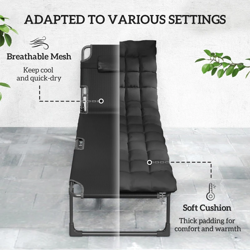 Outsunny Folding Chaise Lounge Chair Outdoor Tanning Chair Set of 2 with 5-Position Backrest, Cushions, Side Pocket, Black