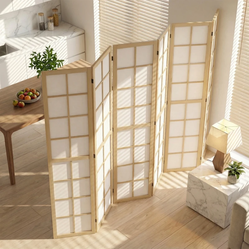 HOMCOM 6 Panel Room Divider, 5.6 ft Folding Wall Divider Room Partition for Home Office, Bedroom, Living Room, Natural Wood