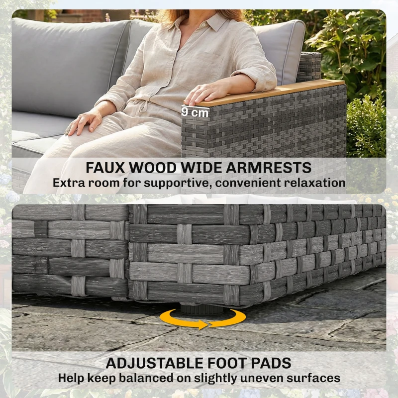 Outsunny 7 Piece Patio Furniture Set, L-Shaped Wicker Outdoor Sectional Sofa with Faux Wood Coffee Table, Cushions, Light Grey