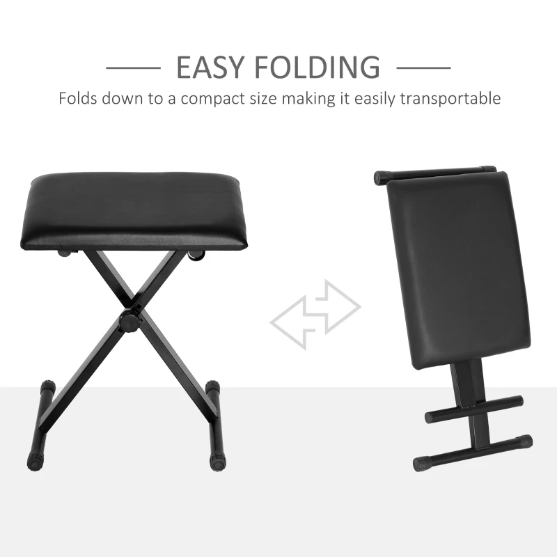 HOMCOM Adjustable Piano Bench, X-Style Folding Piano Stool with Padded Seat, Non-Slip Rubber Feet, Keyboard Chair, Black