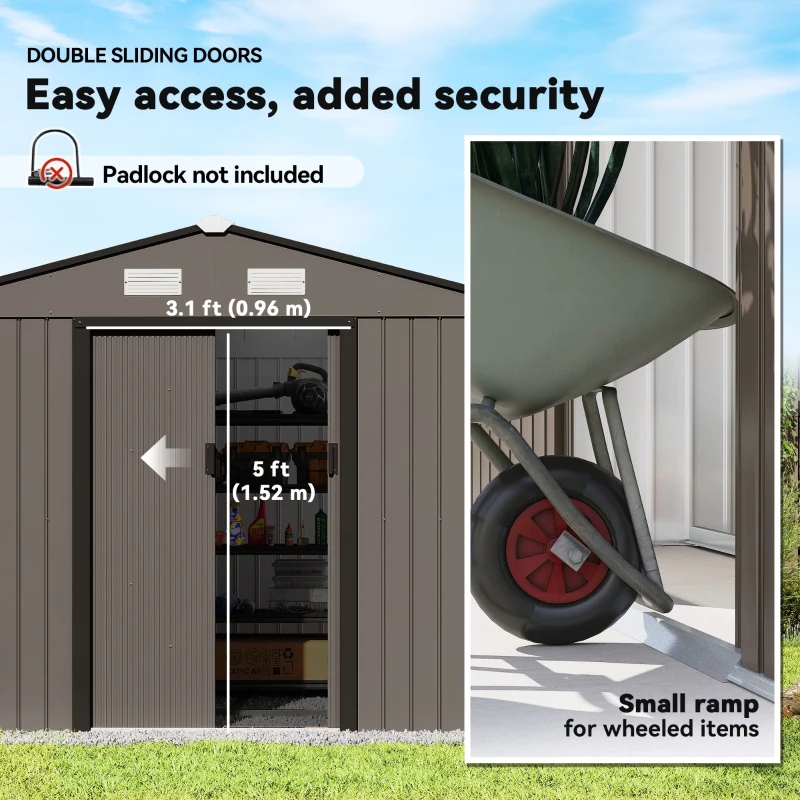 Outsunny 9.1'x6.4'x6.3' Garden Storage Shed w/ Foundation Kit Metal Tool Storage House w/ Double Doors Brown