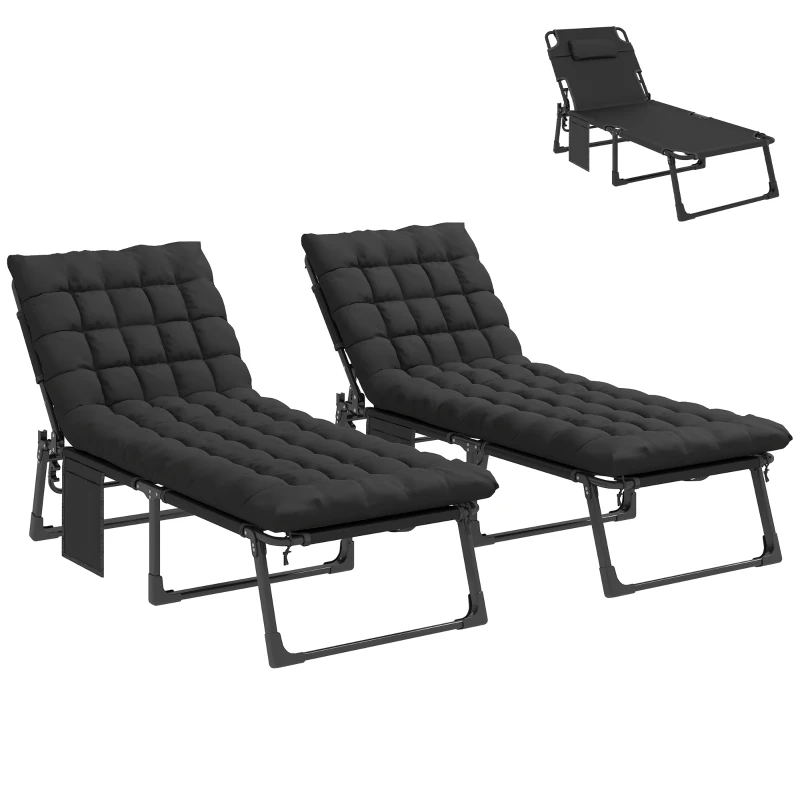 Outsunny Folding Chaise Lounge Chair Outdoor Tanning Chair Set of 2 with 5-Position Backrest, Cushions, Side Pocket, Black