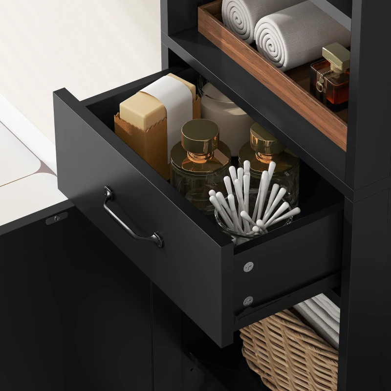 kleankin Modern Bathroom Cabinet, Narrow Bathroom Vanities with Open Shelf Drawer Recessed Doors and Adjustable Shelves Black