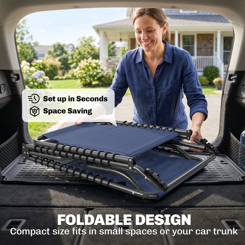 Outsunny 2 Folding Chaise Lounge Pool Chairs with 4-Position Reclining Back, Pillow, Breathable Mesh & Bungee Seat, Dark Blue