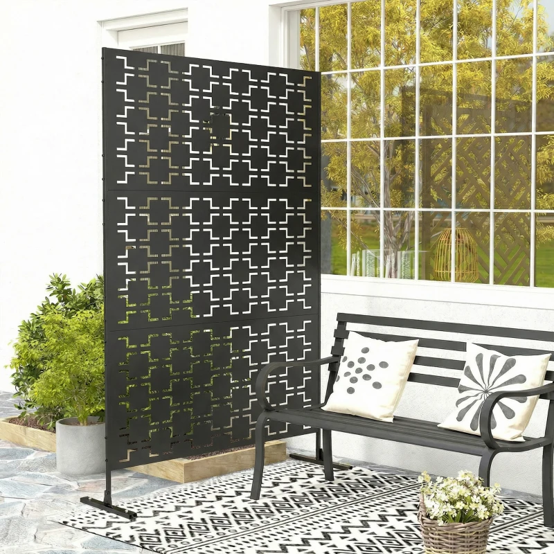 Outsunny 6.5FT Decorative Outdoor Divider, Metal Privacy Screen with Stand, Grid Style, Black