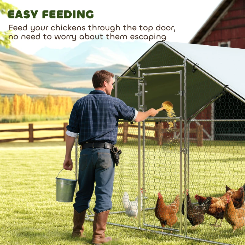 PawHut Large Metal Chicken Run with Waterproof & UV-Resistant Cover, Feeding Door, Hanging Feeder, Perch, for 24-30 Chickens