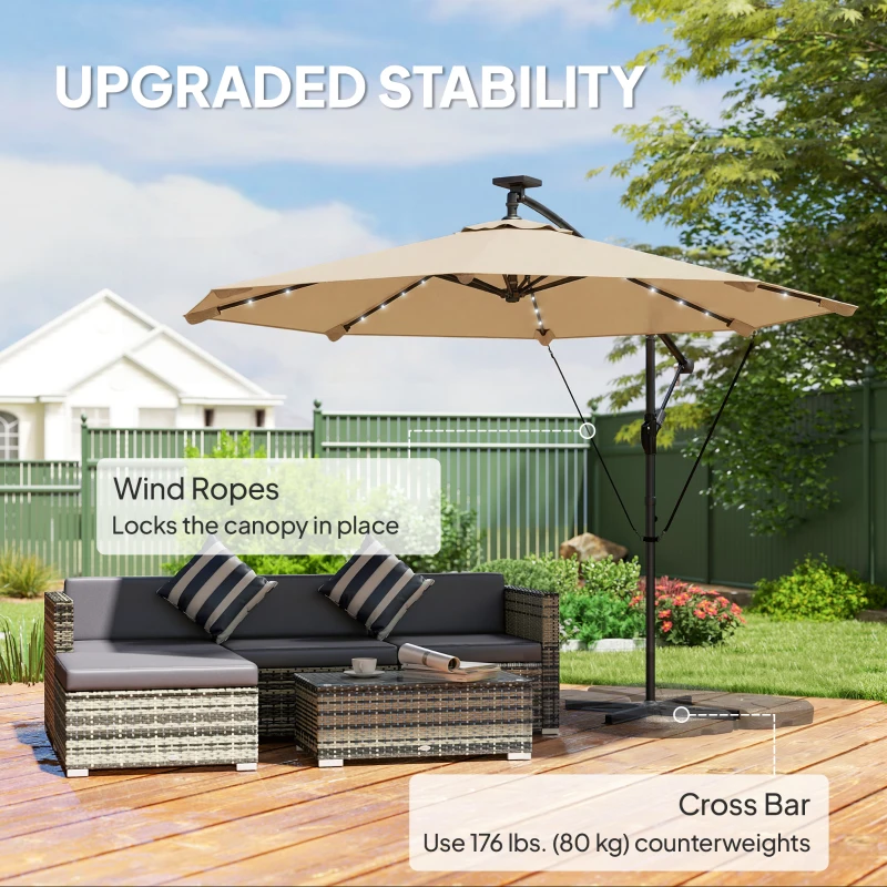 Outsunny 9.7ft Solar LED Cantilever Patio Umbrella with 32 LED Lights, Cross Base, Crank Handle, for Poolside, Deck, Khaki