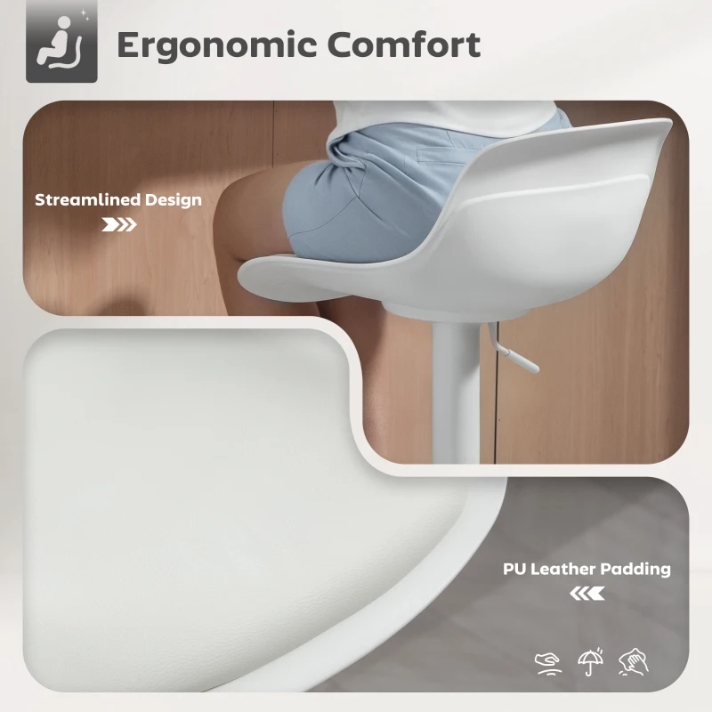 HOMCOM Counter Height Bar Stools Set of 2, Streamlined Bar Chairs with Adjustable Height and Swivel PU Leather Seat, White