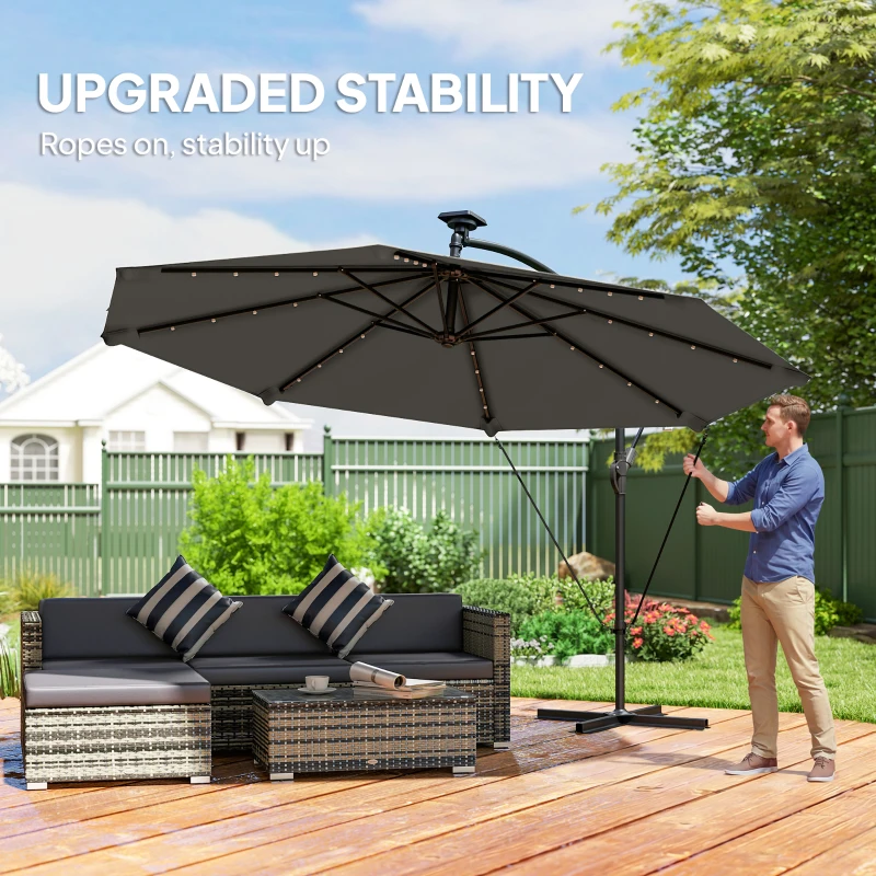 Outsunny 11.3 ft Cantilever Patio Umbrella with Light, Cover, Aluminium UPF50+ Offset Outdoor Umbrella Parasol, Dark Grey