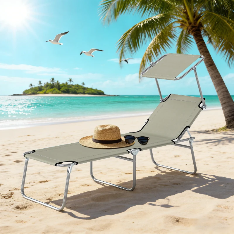 Outsunny Outdoor Pool Chaise Lounge Chair, Folding Tanning Chair with Sun Shade, Cream White