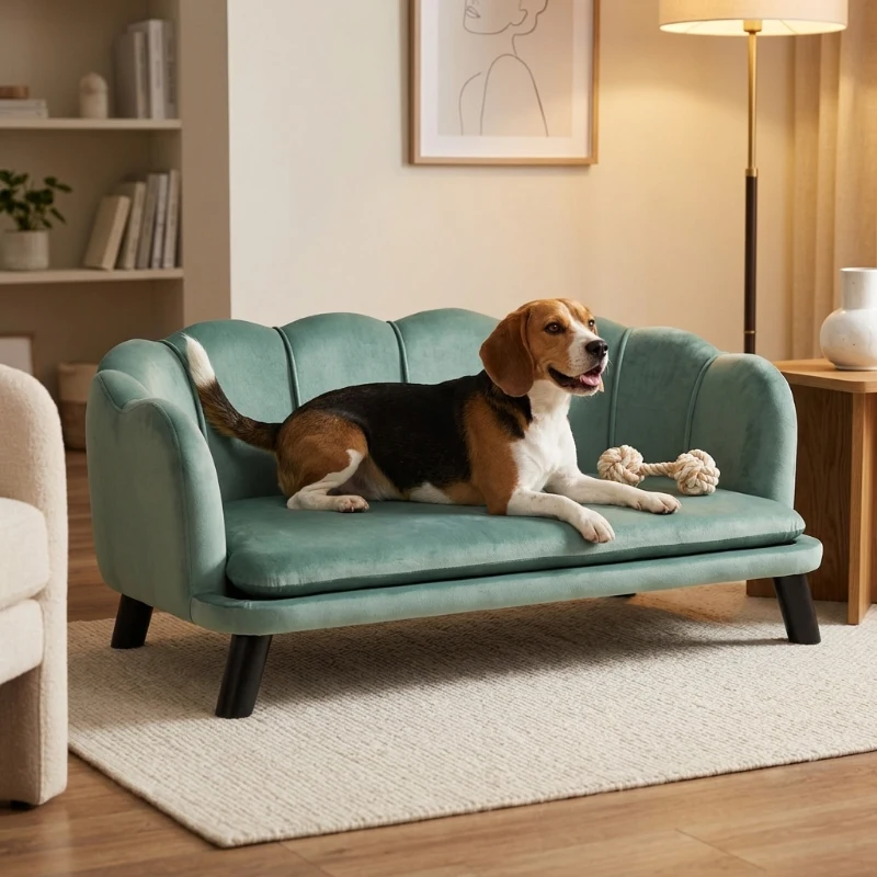 PawHut Pearl Design Pet Sofa for Medium and Large Sized Dogs, Pet Bed with Cushion and Solid Wood Legs, Green