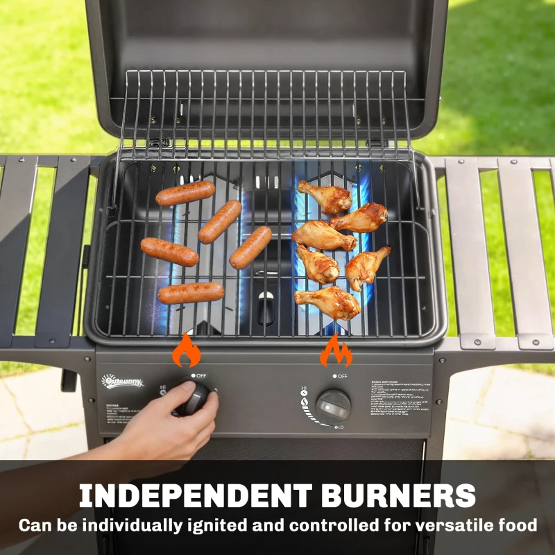 Outsunny 2 Burner Propane Gas Grill, 18000 BTU BBQ Grill with Wheels, Warming Rack, Shelf, Thermometer, Grease Cup, Black