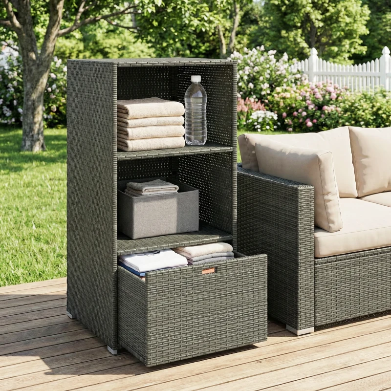Outsunny Valet Pool Towel Rack, Water-Resistant PE Plastic Rattan Wicker Storage Organizer, 2 Shelves, 1 Basket Drawer, Dark Gray