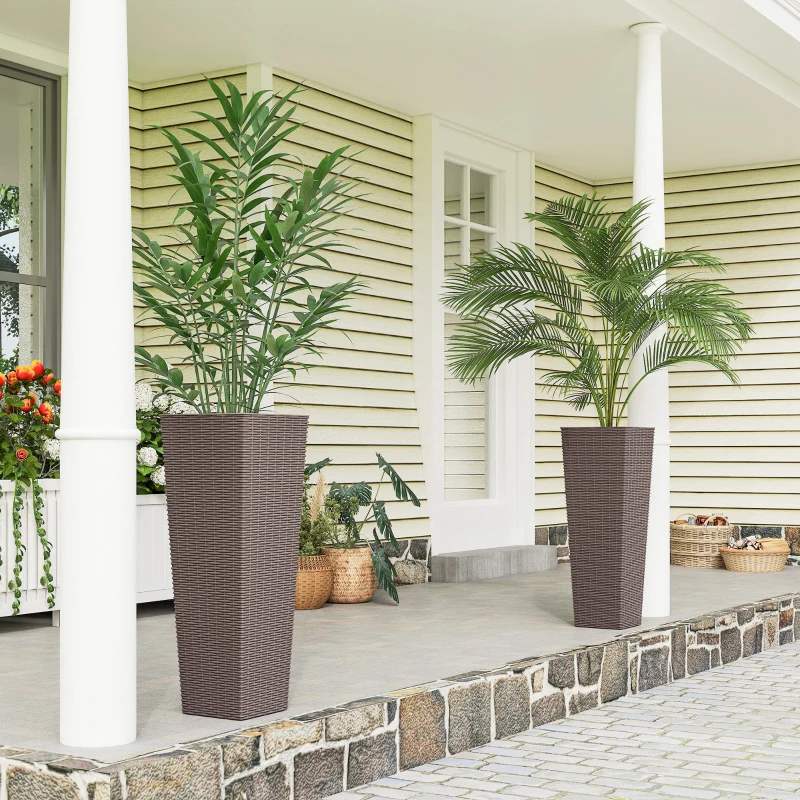 Outsunny 32 Inch Tall Planters for Outdoor Plants, Set of 2 Plastic Flower Pots with Drainage Holes, Brown