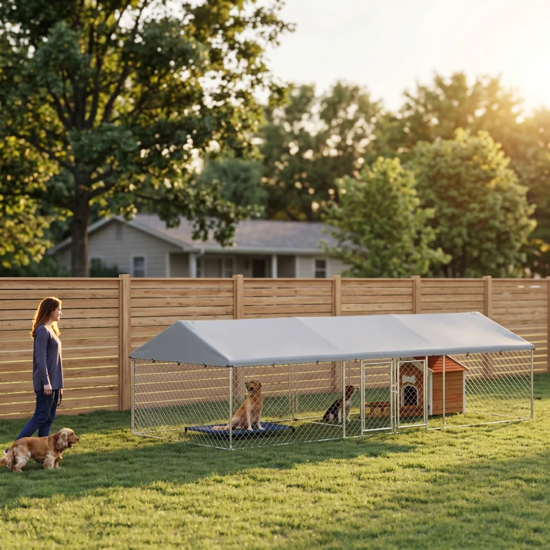 PawHut Two Room Outdoor Dog Kennel, Dog Run with Roof, Waterproof UV-Resistant Cover, Secure Lock, 19.7' x 7.5' x 5.2'