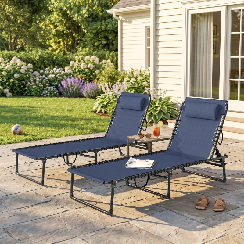Outsunny 2 Folding Chaise Lounge Pool Chairs with 4-Position Reclining Back, Pillow, Breathable Mesh & Bungee Seat, Dark Blue