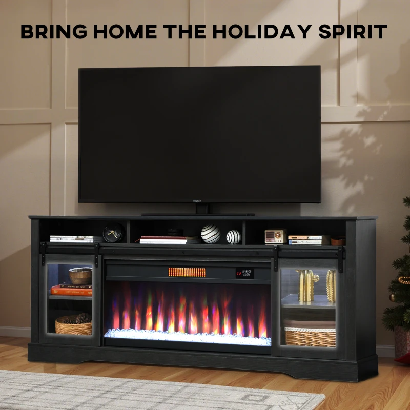 HOMCOM Fireplace TV Stand for TVs Up to 80 Inch, TV Console with Electric Fireplace, Open Storage and Side Cabinets, Gray