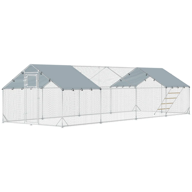 PawHut Large Metal Chicken Run with Waterproof & UV-Resistant Cover, Feeding Door, Hanging Feeder, Perch, for 24-30 Chickens