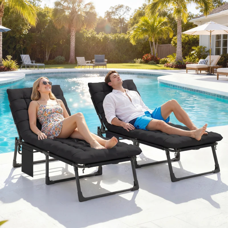 Outsunny Folding Chaise Lounge Chair Outdoor Tanning Chair Set of 2 with 5-Position Backrest, Cushions, Side Pocket, Black