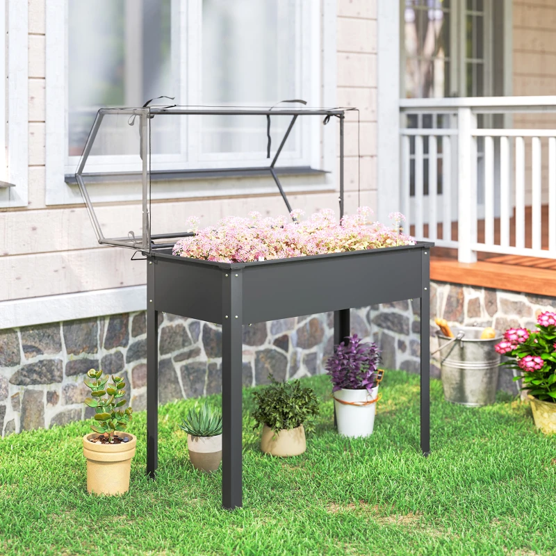 Outsunny Elevated Garden Box with Greenhouse Cover, Raised Garden Bed with Legs and Drainage Hole for Vegetables, Dark Gray