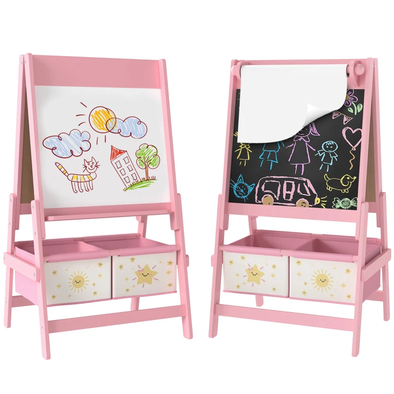 Qaba Art Easel for Kids, Double-Sided Whiteboard & Chalkboard with Paper Roll, Storage Baskets for Toddlers Ages 3-8, Pink