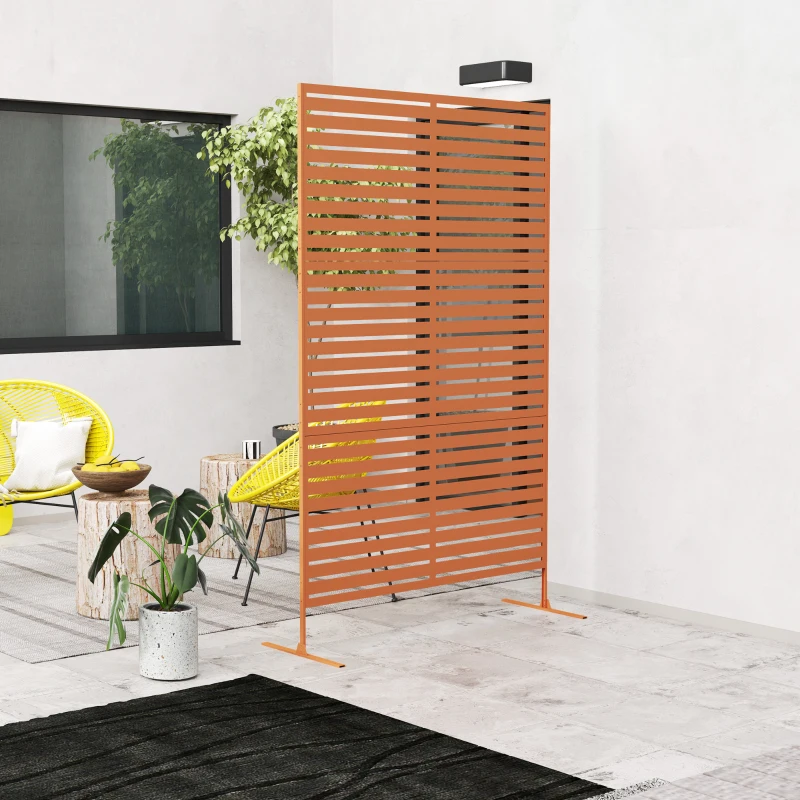 Outsunny Decorative Outdoor Privacy Panel, Freestanding Metal Outdoor Divider with Stand for Garden, Backyard, Deck, Pool, Brown