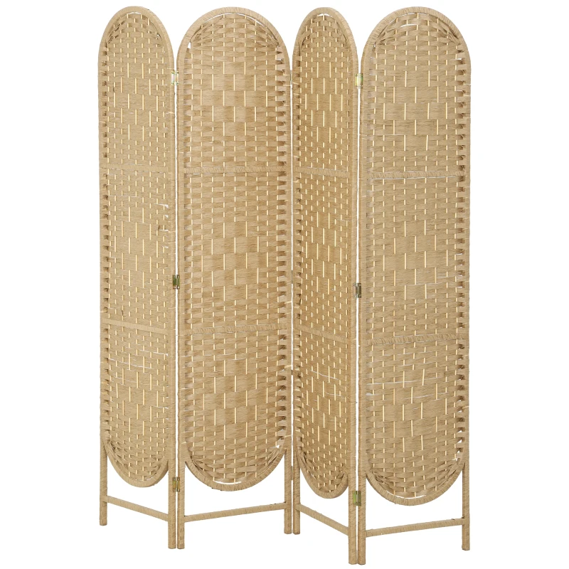 HOMCOM Bohemian Privacy Screen, Folding Room Divider with 4 Panels and Arched Top for Bedroom Living Room Office, Natural Wood