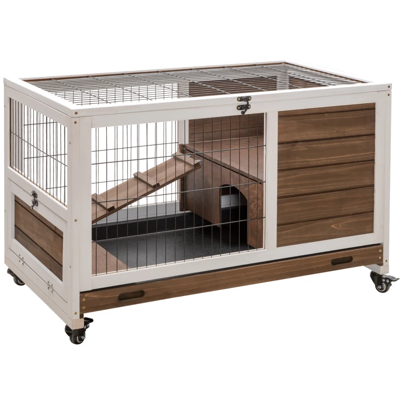 PawHut Wooden Indoor Rabbit Hutch Elevated Bunny Cage Habitat with Enclosed Run with Wheels, Ideal for Rabbits and Guinea Pigs, Brown