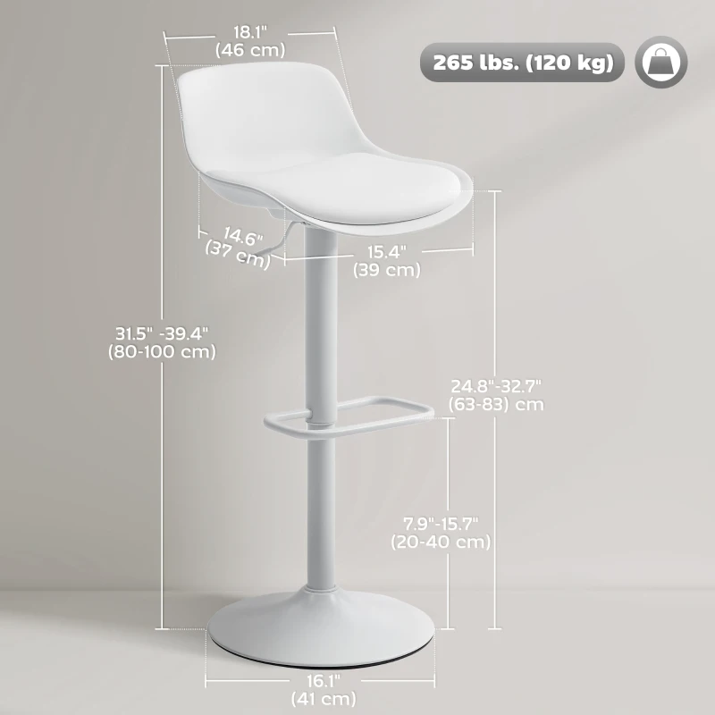 HOMCOM Counter Height Bar Stools Set of 2, Streamlined Bar Chairs with Adjustable Height and Swivel PU Leather Seat, White