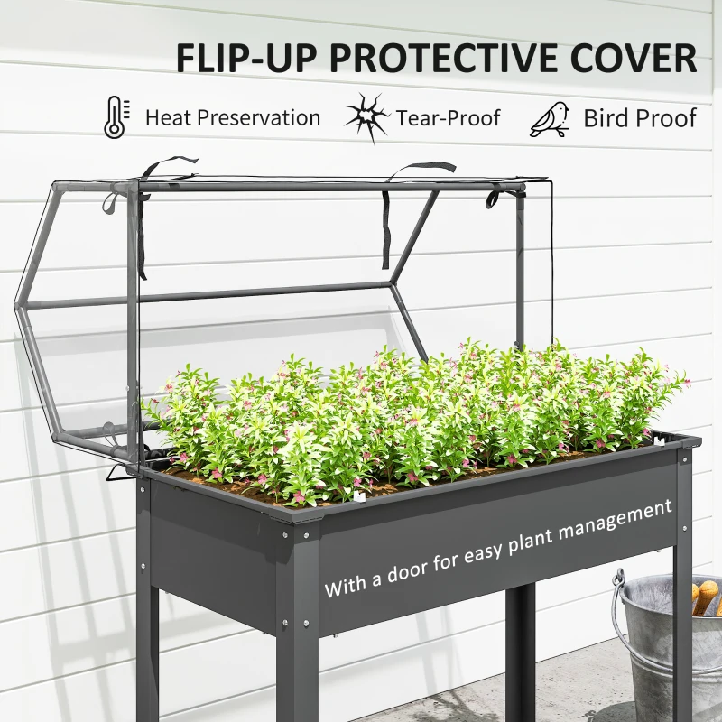 Outsunny Elevated Garden Box with Greenhouse Cover, Raised Garden Bed with Legs and Drainage Hole for Vegetables, Dark Gray