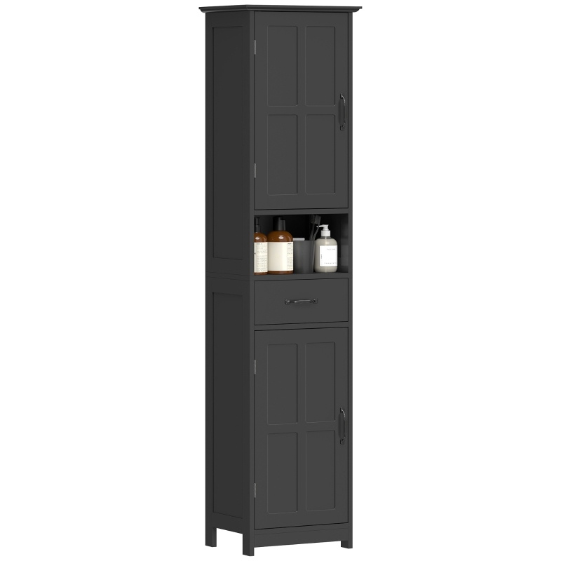 kleankin Modern Bathroom Cabinet, Narrow Bathroom Vanities with Open Shelf Drawer Recessed Doors and Adjustable Shelves Black
