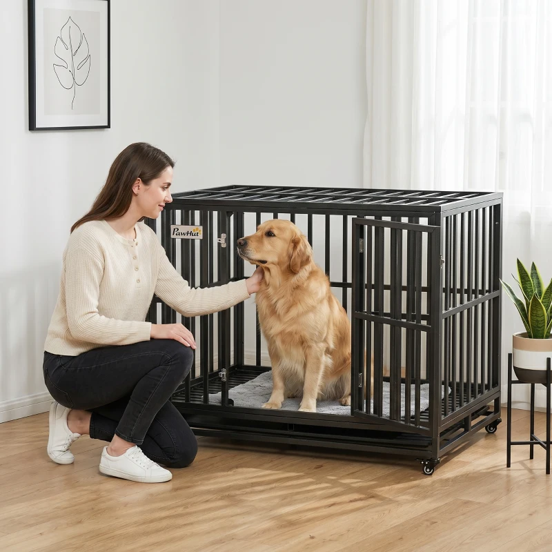 PawHut 45" Heavy Duty Dog Crate, Escape-Proof Steel Kennel with Wheels, Black