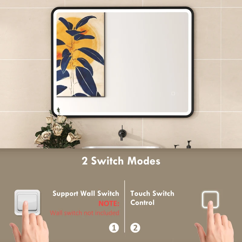 HOMCOM 36" x 28" Bath Mirror with LED Lights, Wall Mounted Restroom Mirror, 3 Colours, Dimmable, Horizontal/Vertical, Black