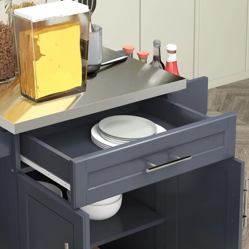 HOMCOM Kitchen Island with Wheels, Rolling Kitchen Island with Storage, Stainless Steel Countertop for Dining Room, Deep Blue