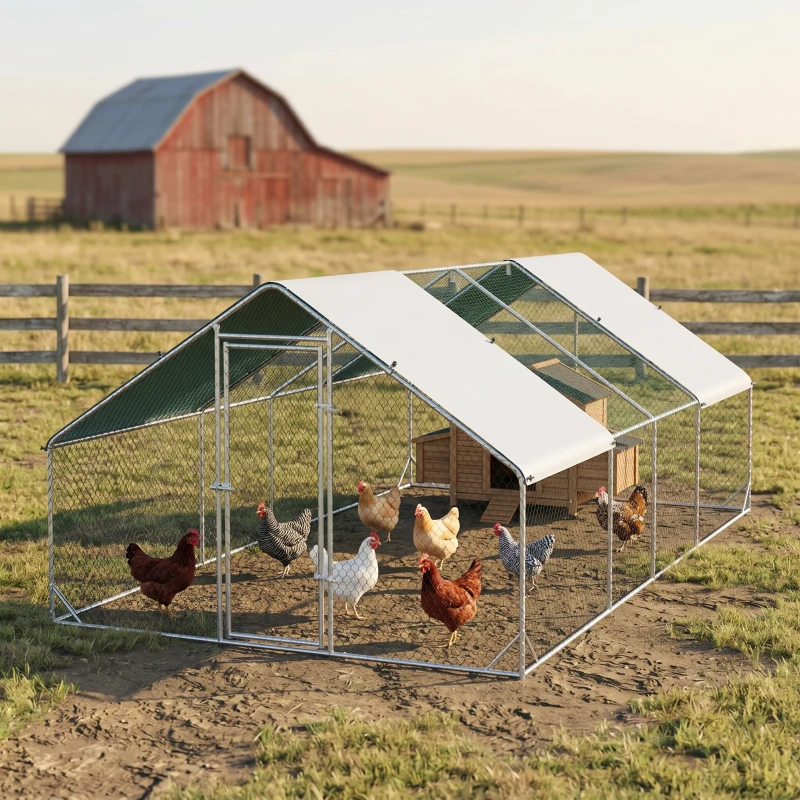 PawHut Large Chicken Coop Metal Chicken Run with Waterproof and Anti-UV Cover, Spire Shaped Walk in Fence Cage Hen House for Outdoor and Yard Farm Use, 1" Tube Diameter, 9.8' x 26.2' x 6.6'(m-13)