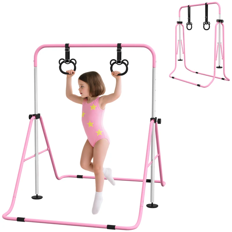 Qaba Kids Gymnastics Bar, Adjustable Height Folding Horizontal Bar with Gymnastics Rings, Non-slip Rubber Floor Rings, Pink