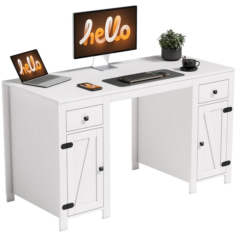HOMCOM 53" Farmhouse Executive Desk, Computer Desk with Drawers and 2 Cabinets, Study Table for Home Office, White Wood Grain