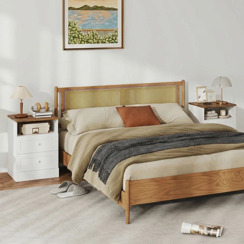HOMCOM Nightstand with Charging Station 2 Drawers Bedside Table Set of 2 White and Oak