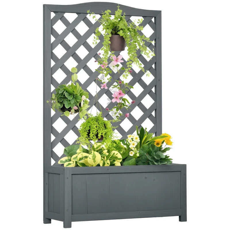 Outsunny Wood Planter with Trellis for Vine Climbing, Raised Garden Bed to Grow Vegetables for Backyard, 28" x 11" x 46", Grey