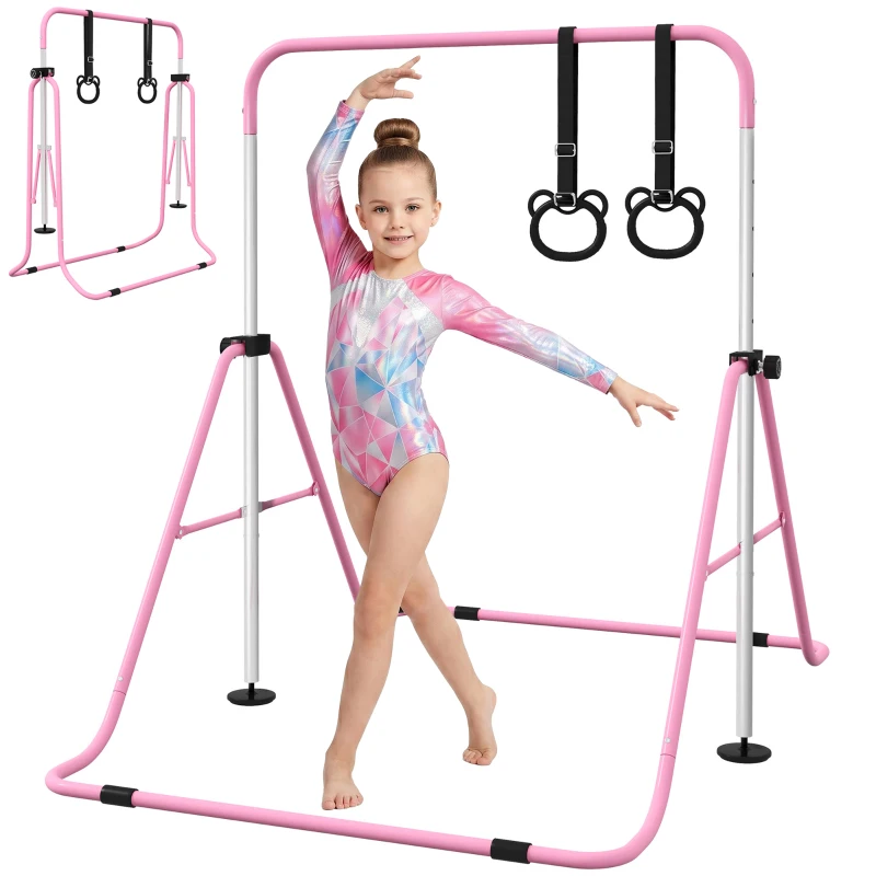 Qaba Kids Gymnastics Bar, Adjustable Height Folding Horizontal Bar with Gymnastics Rings, Non-slip Rubber Floor Rings, Pink
