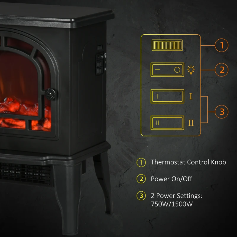 HOMCOM 18" Electric Fireplace Stove, Freestanding Fireplace Heater with Realistic LED Flame, Adjustable Temperature, Overheat Protection, 750W/1500W, Black