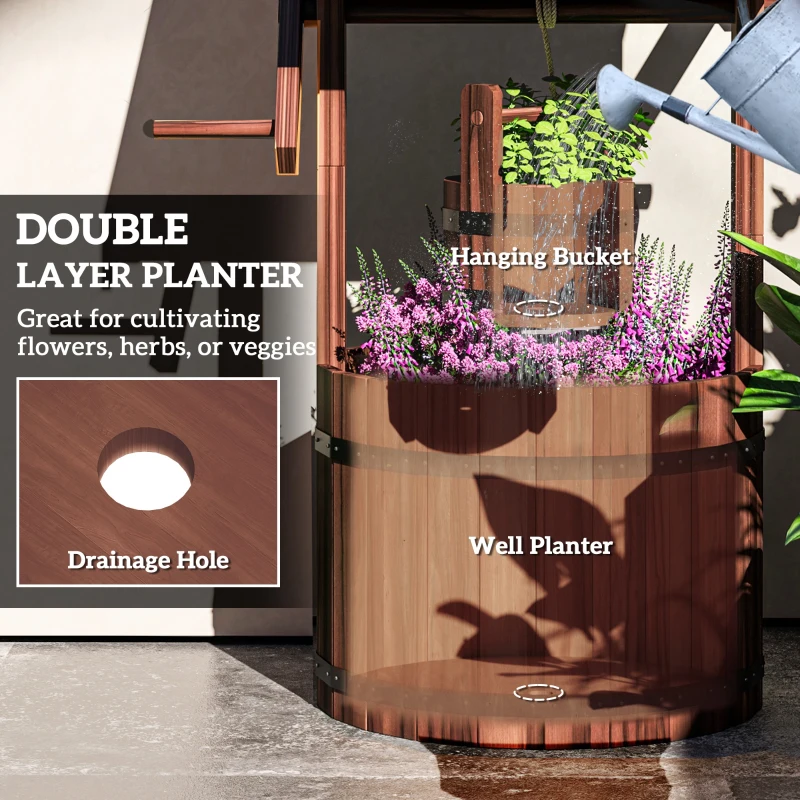 Outsunny Wood Wishing Well Outdoor Wooden Planter with Hanging Bucket and Drainage Hole for Garden, Patio, Backyard, Tan